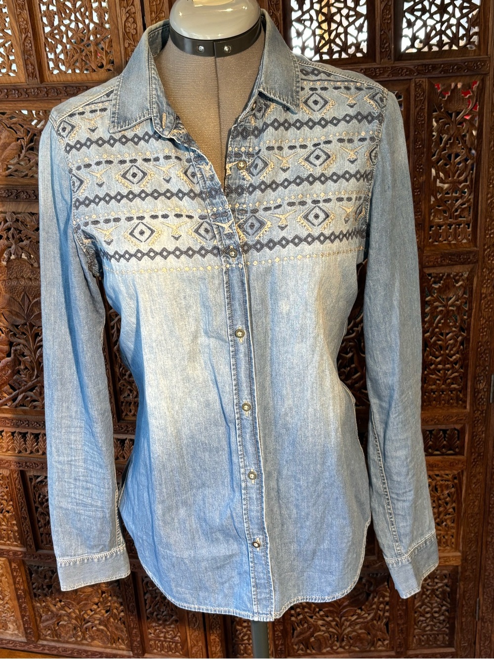 Mavi Light Blue Denim Button-Down Shirt with Embroidered Yoke